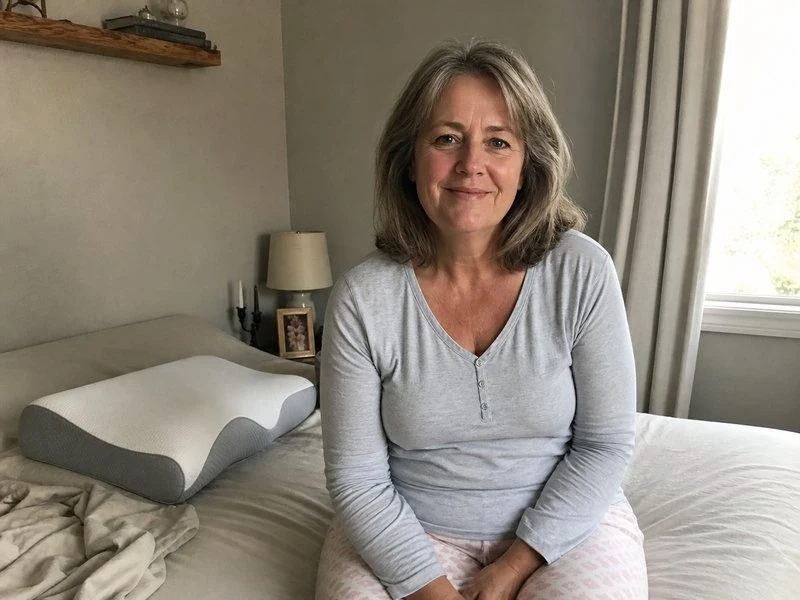 Maria, 54, sitting on the edge of her bed in the morning