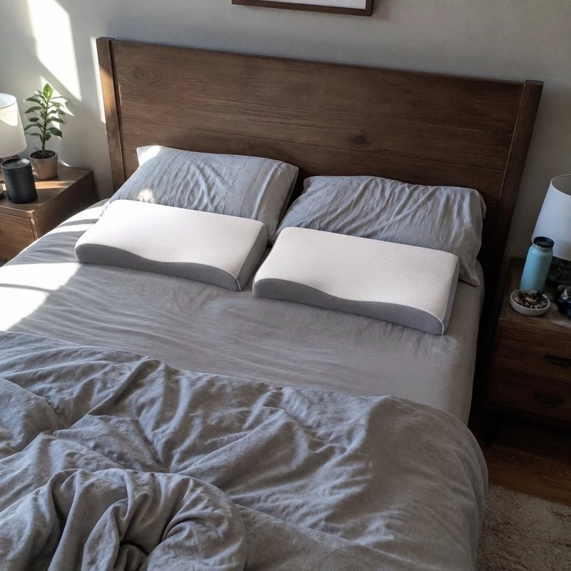 Two matching pillows side by side on a bed