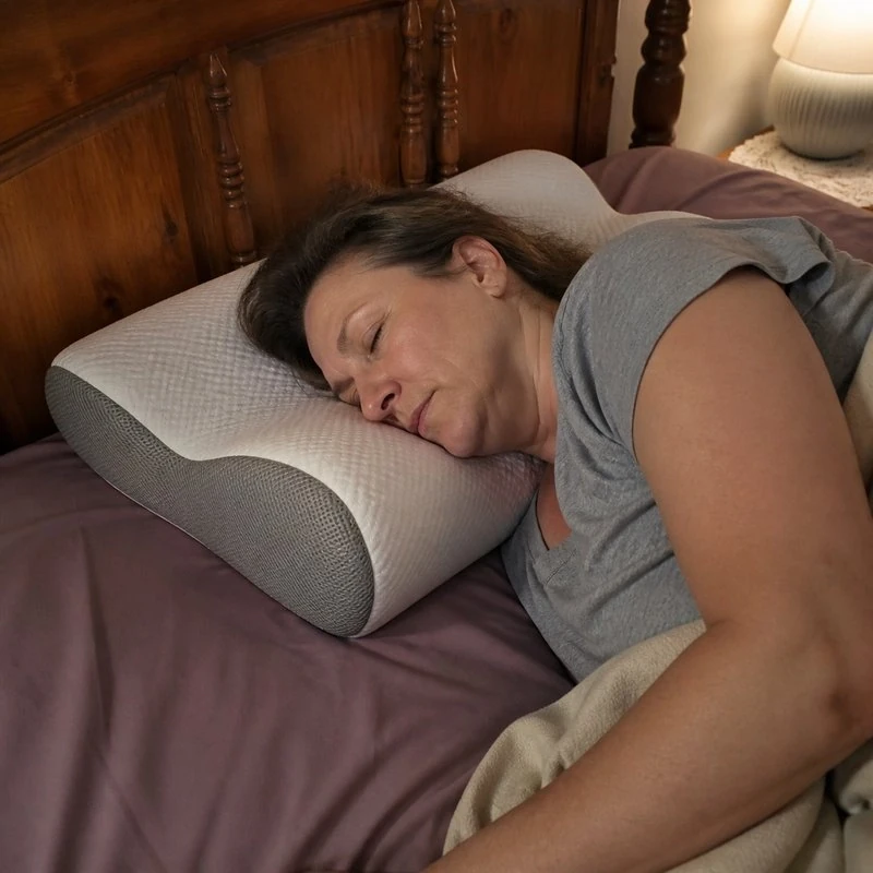 Carol, 46, sleeping on her side using the pillow