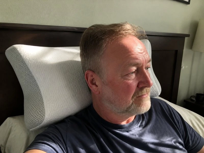 Robert, 57, sitting up in bed in the morning