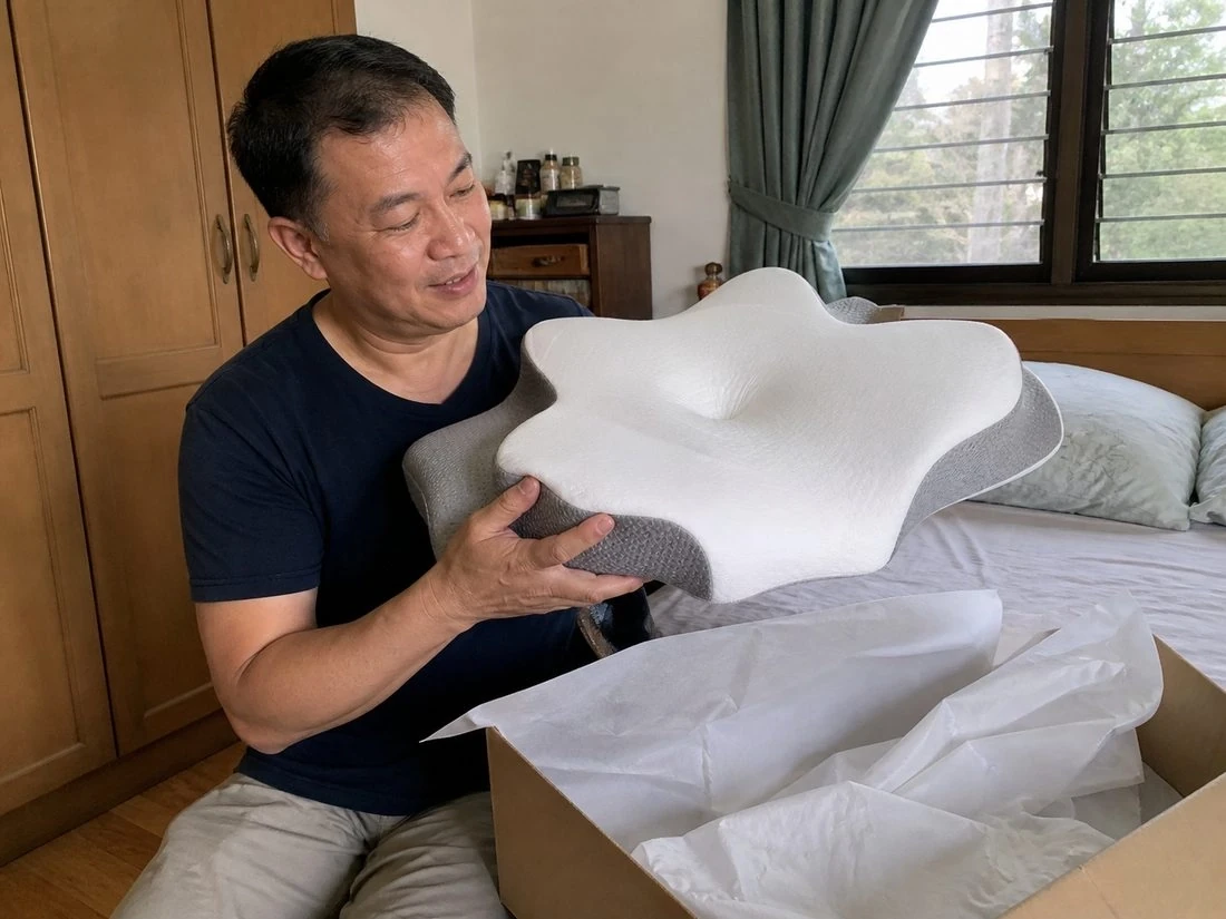 Customer unboxing and holding the TheraPillow ContourCurve Pillow