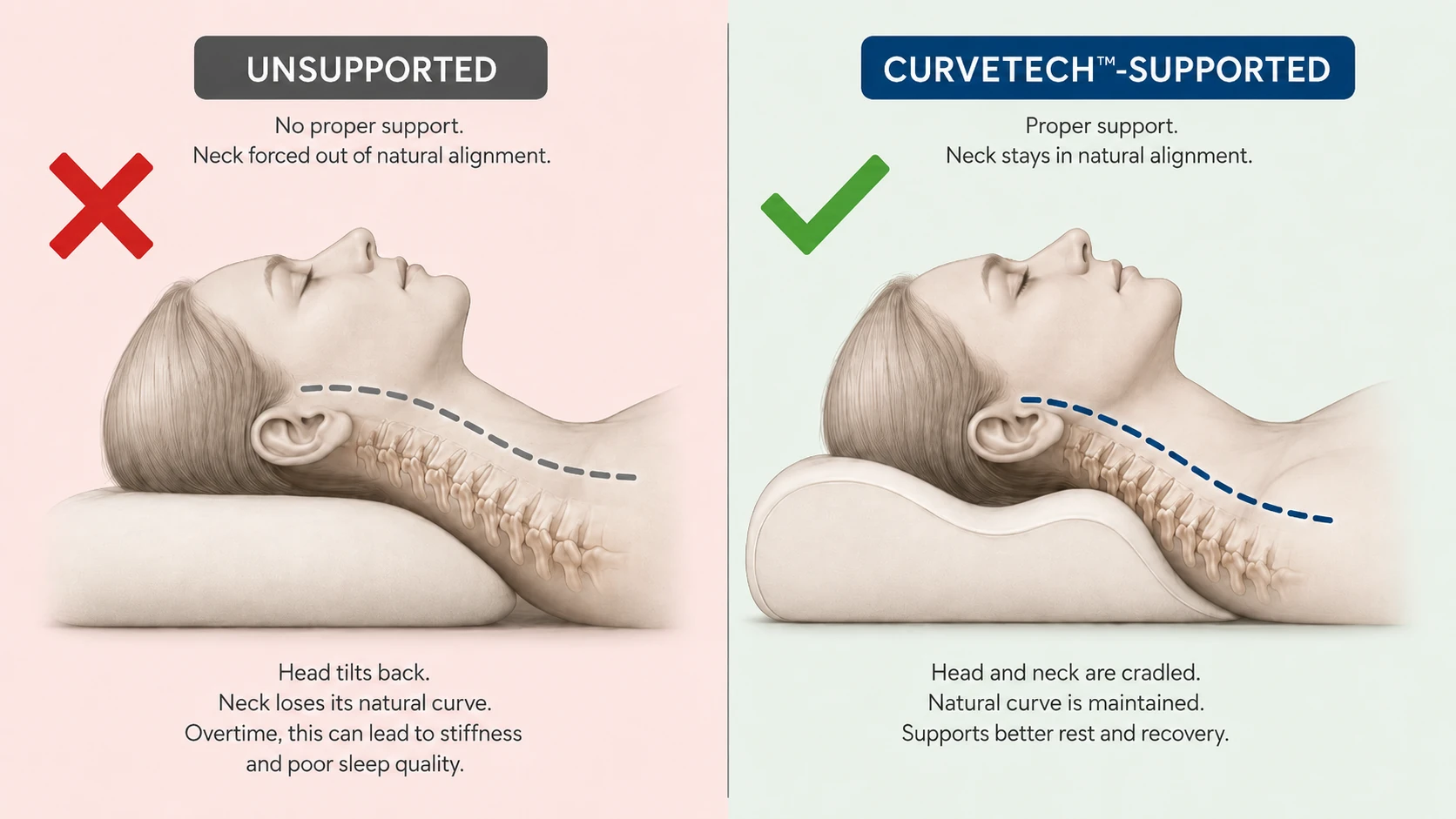 Diagram comparing unsupported vs CurveTech-supported neck alignment during sleep