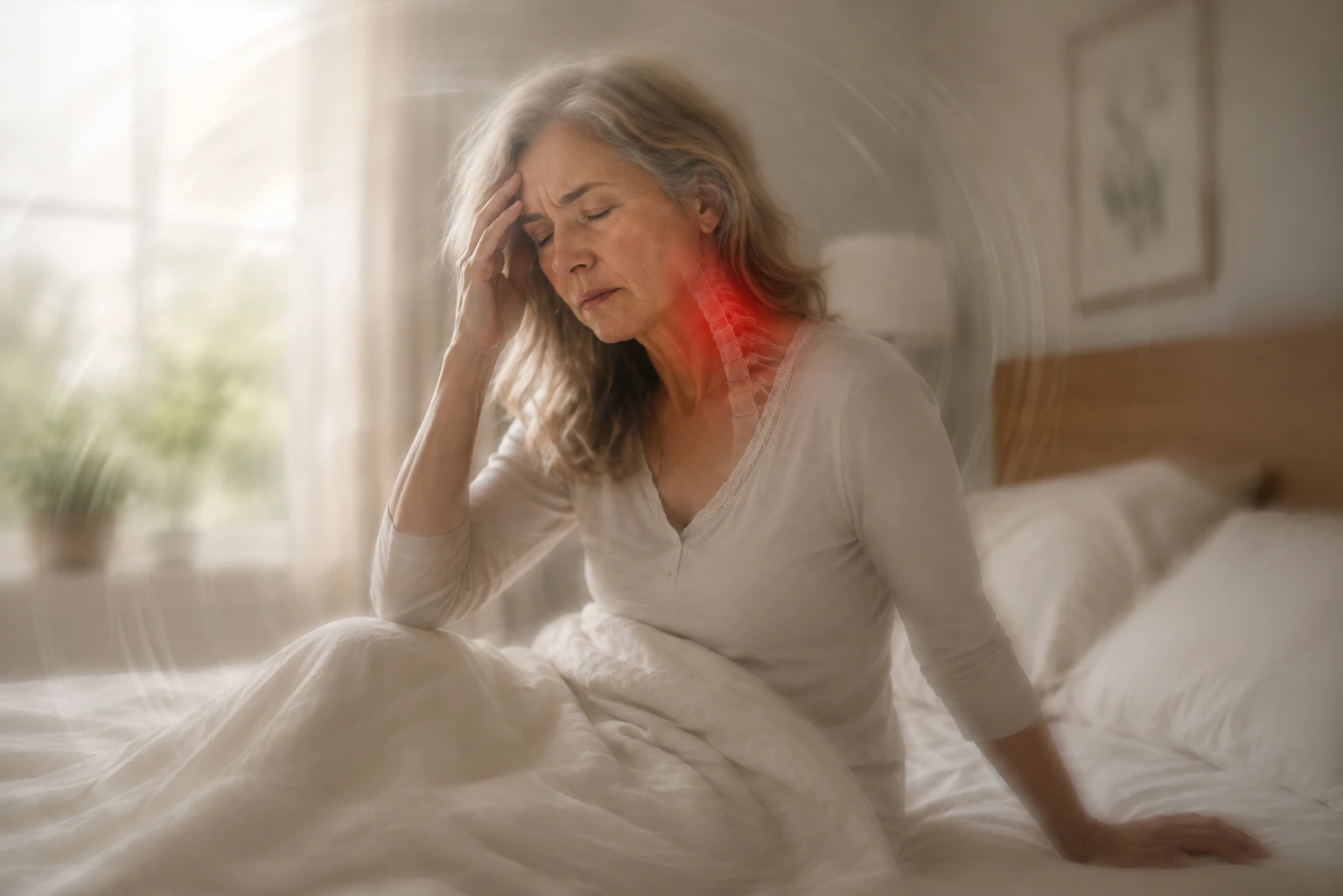 Woman sitting up in bed, eyes closed, hand to head, experiencing morning dizziness