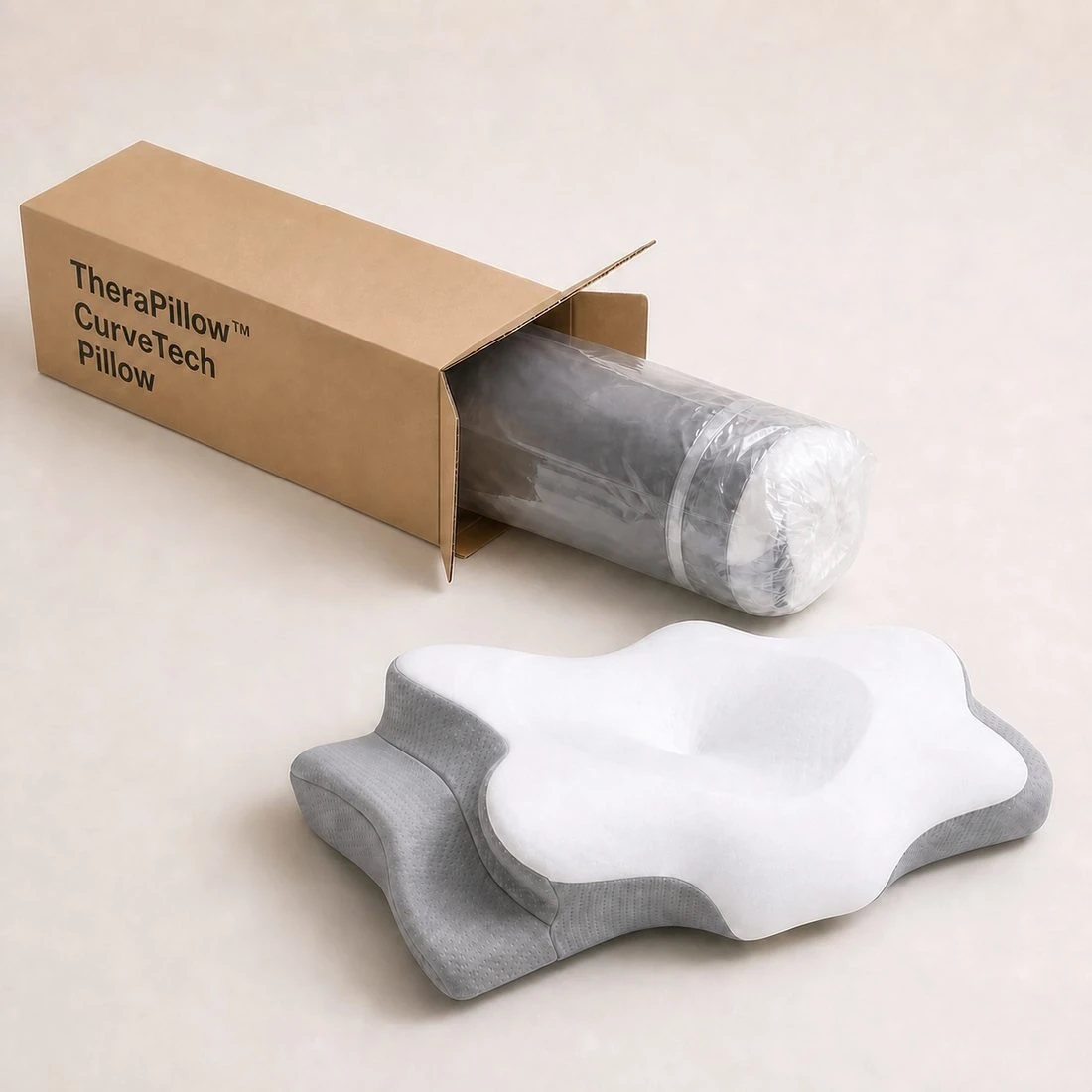 TheraPillow ContourCurve Pillow shown next to its rolled packaging box