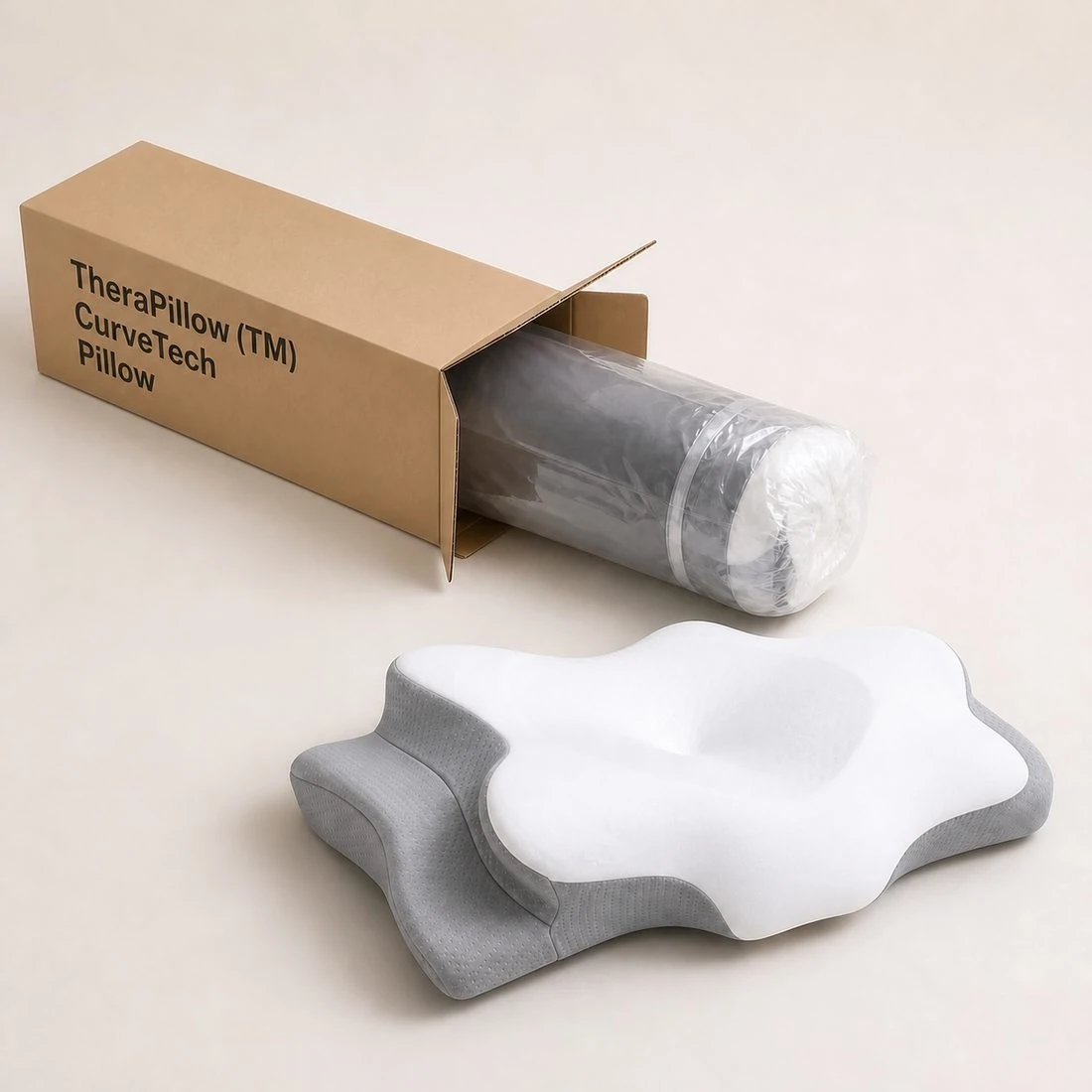 TheraPillow ContourCurve Pillow unrolled beside its shipping box