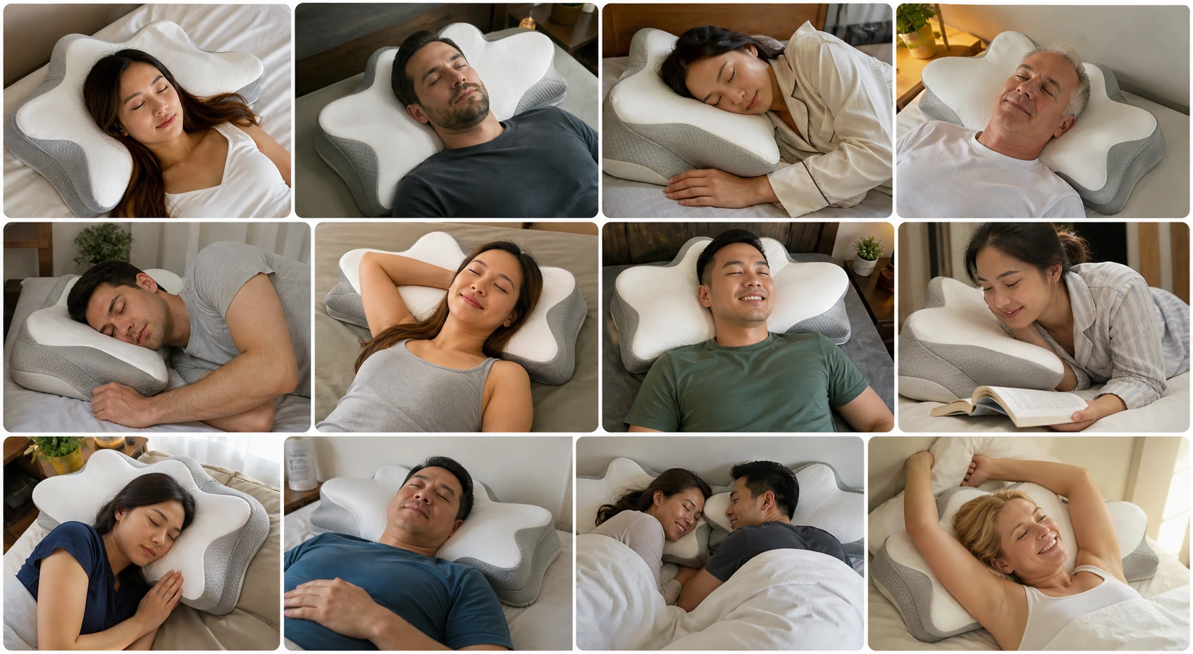 Collage of happy TheraPillow customers sleeping comfortably on the ContourCurve Pillow